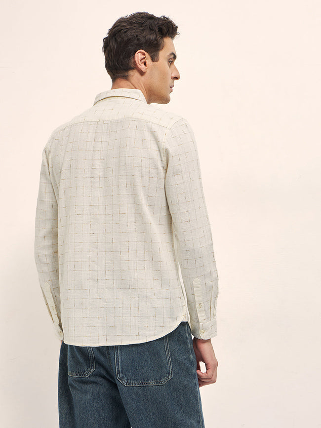 Men Cream Woven Checked Design Slim Fit Casual Shirt