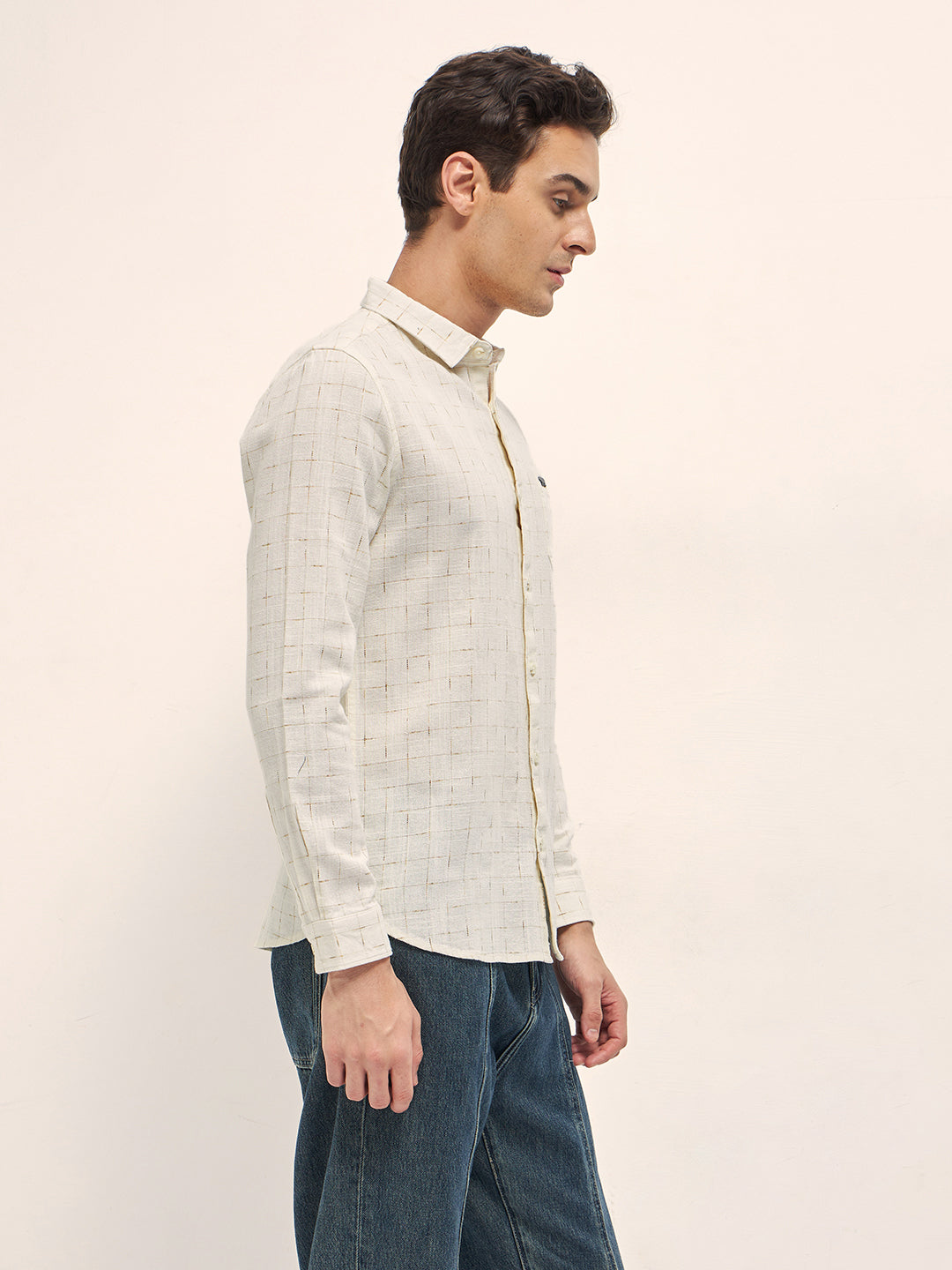 Men Cream Woven Checked Design Slim Fit Casual Shirt