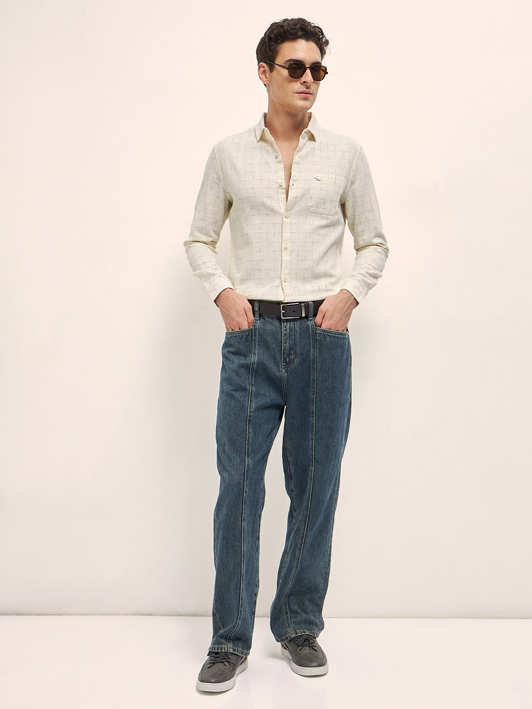 Men Cream Woven Checked Design Slim Fit Casual Shirt