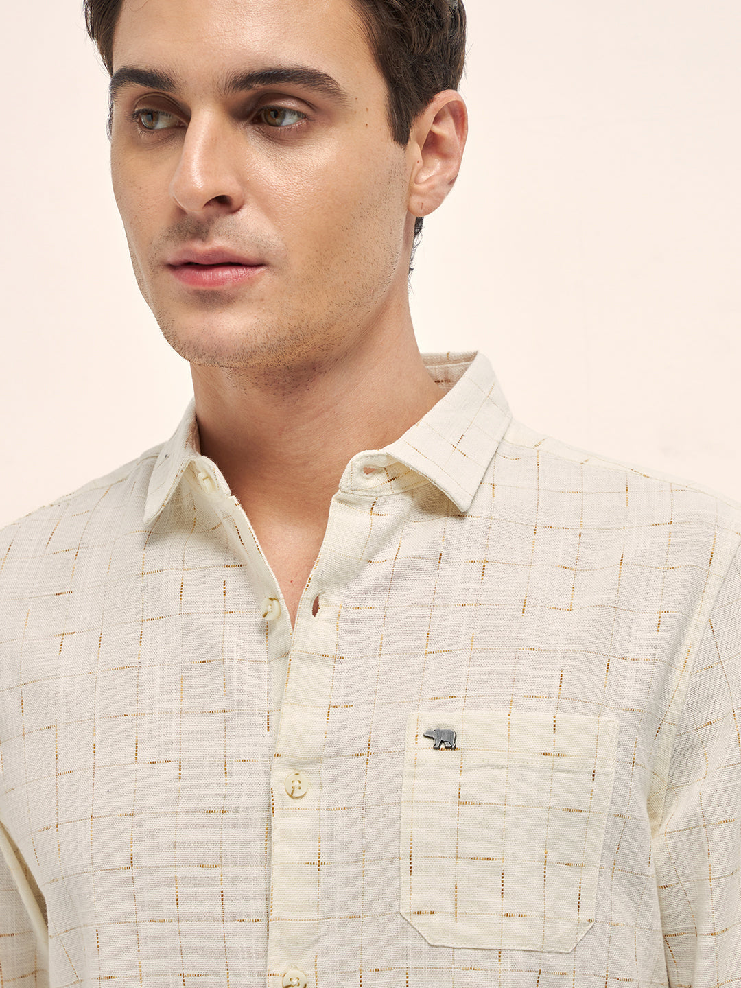 Men Cream Woven Checked Design Slim Fit Casual Shirt