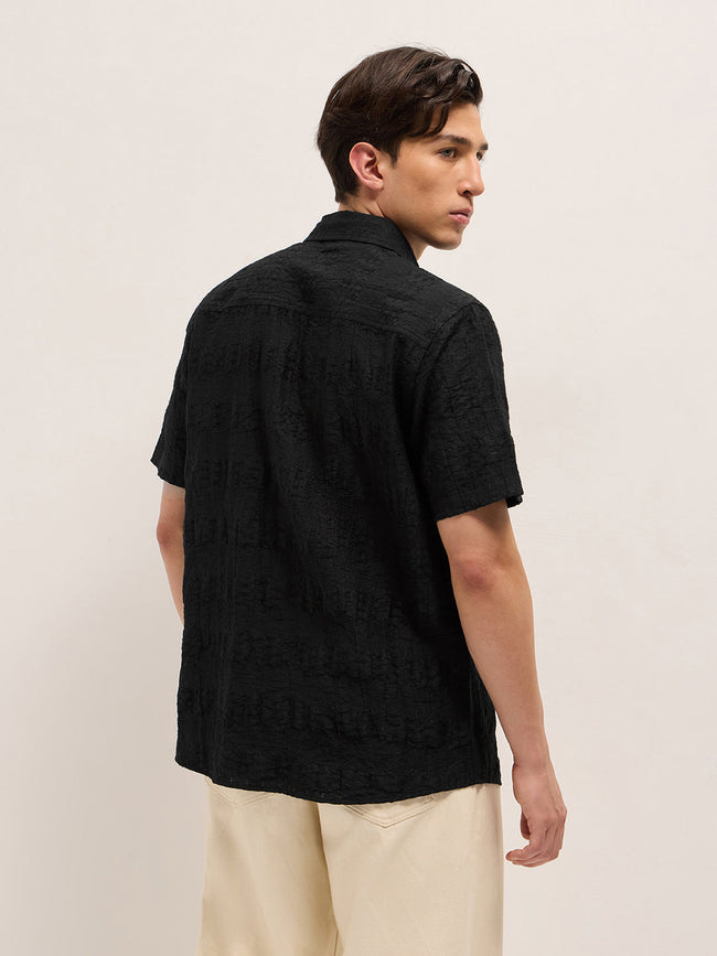 Men Black Crinkle Textured Regular Fit Half-Sleeve Casual Shirt