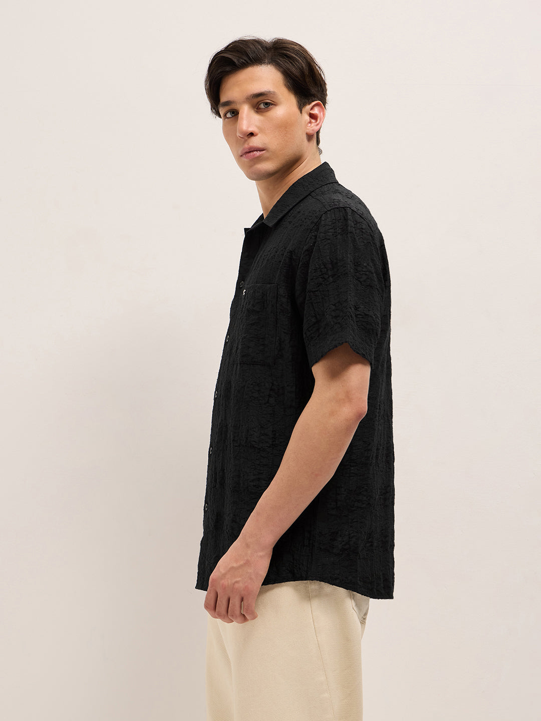 Men Black Crinkle Textured Regular Fit Half-Sleeve Casual Shirt