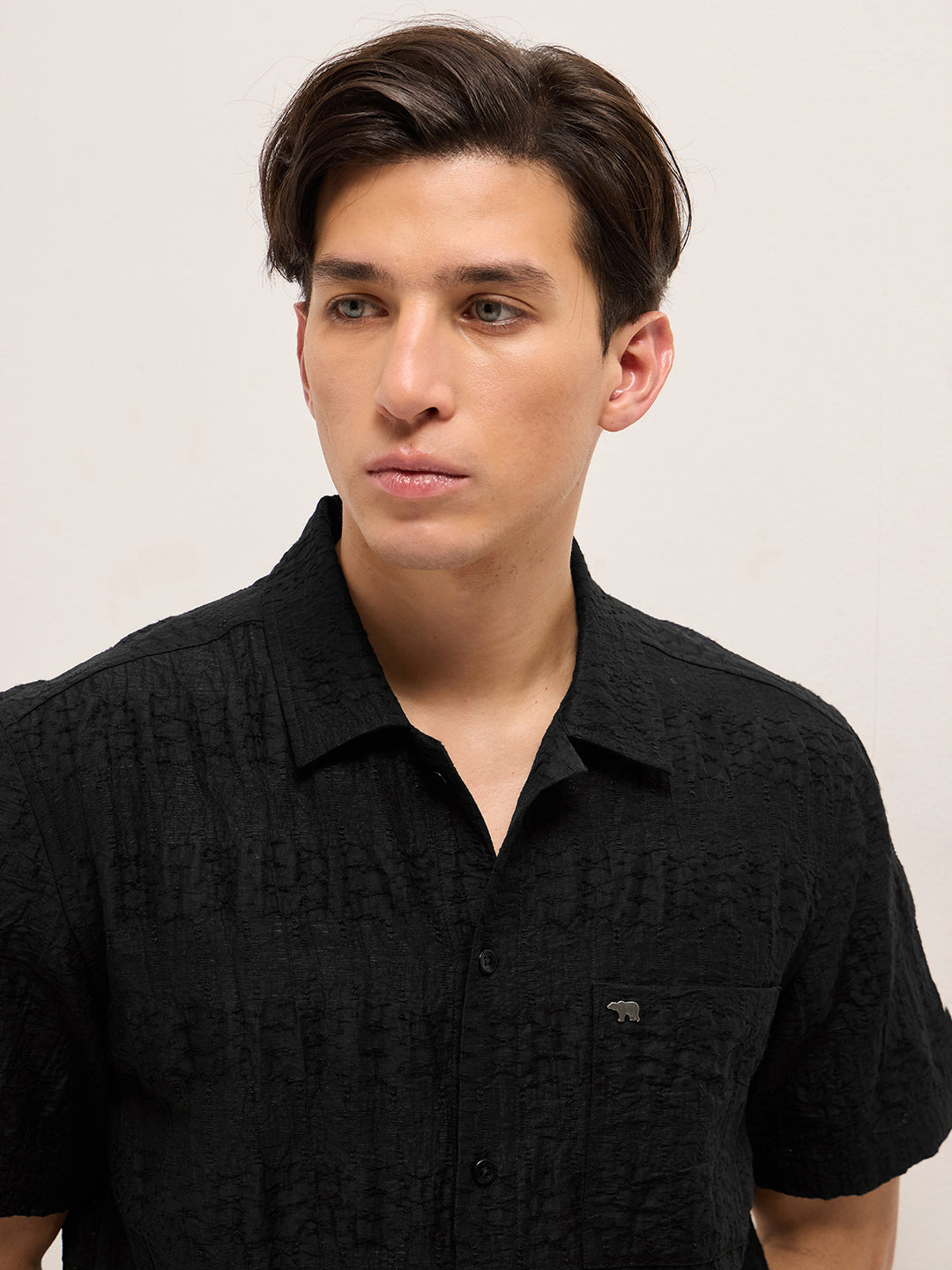 Men Black Crinkle Textured Regular Fit Half-Sleeve Casual Shirt