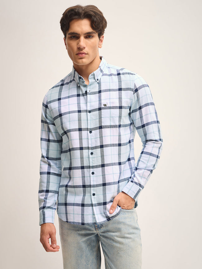 Men Blue Checked Slim Fit Casual Shirt