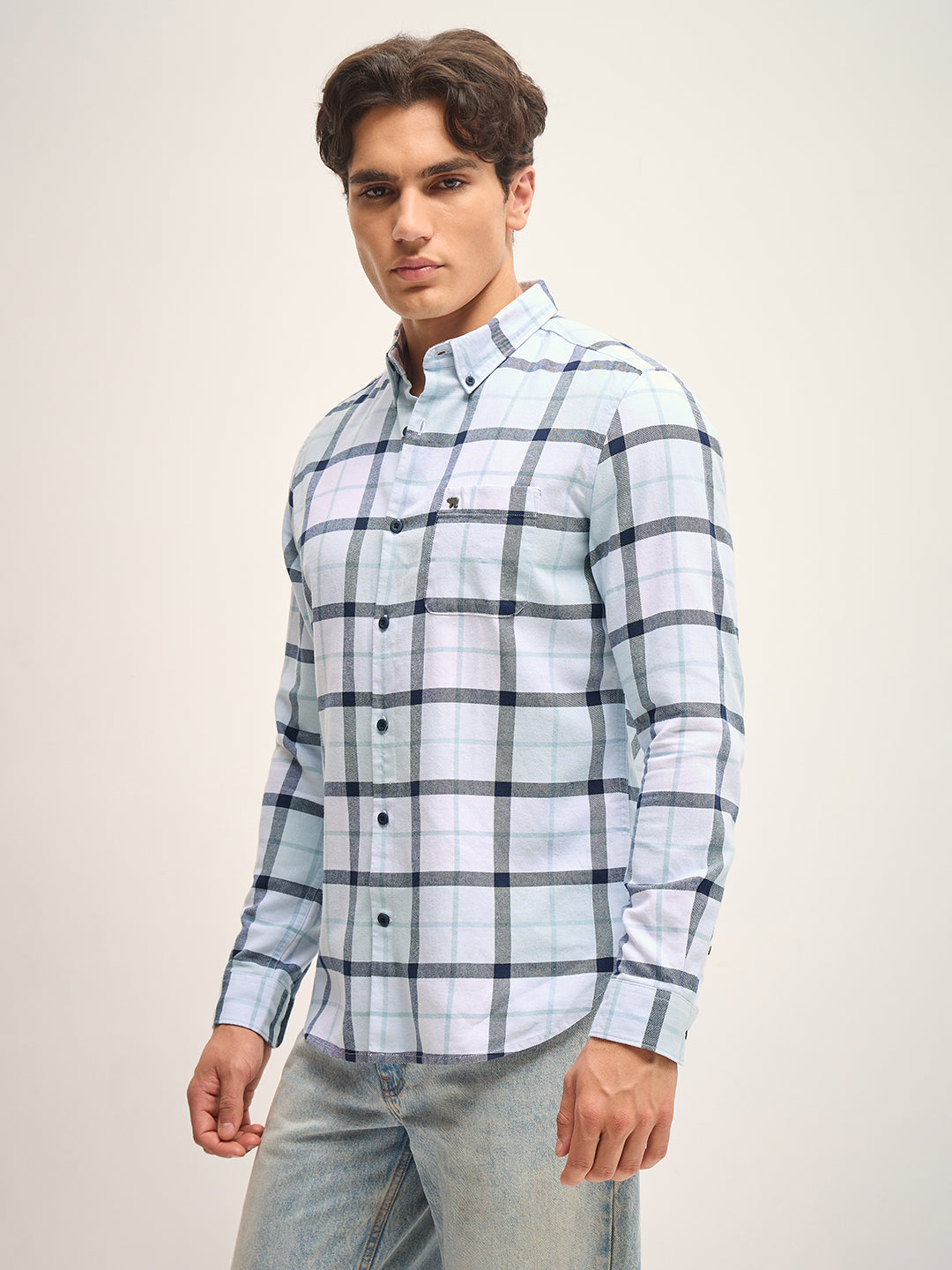 Men Blue Checked Slim Fit Casual Shirt