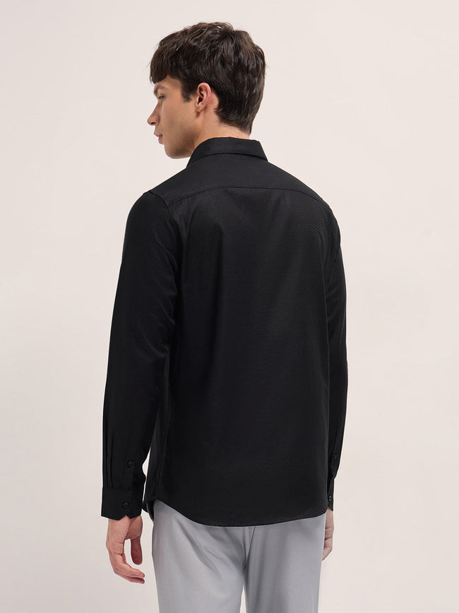 Men Black Woven Pattern Cotton Tailored Fit Formal Shirt