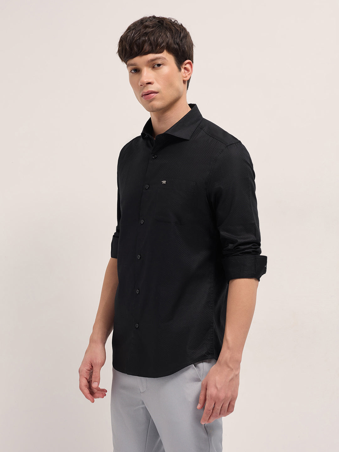 Men Black Woven Pattern Cotton Tailored Fit Formal Shirt