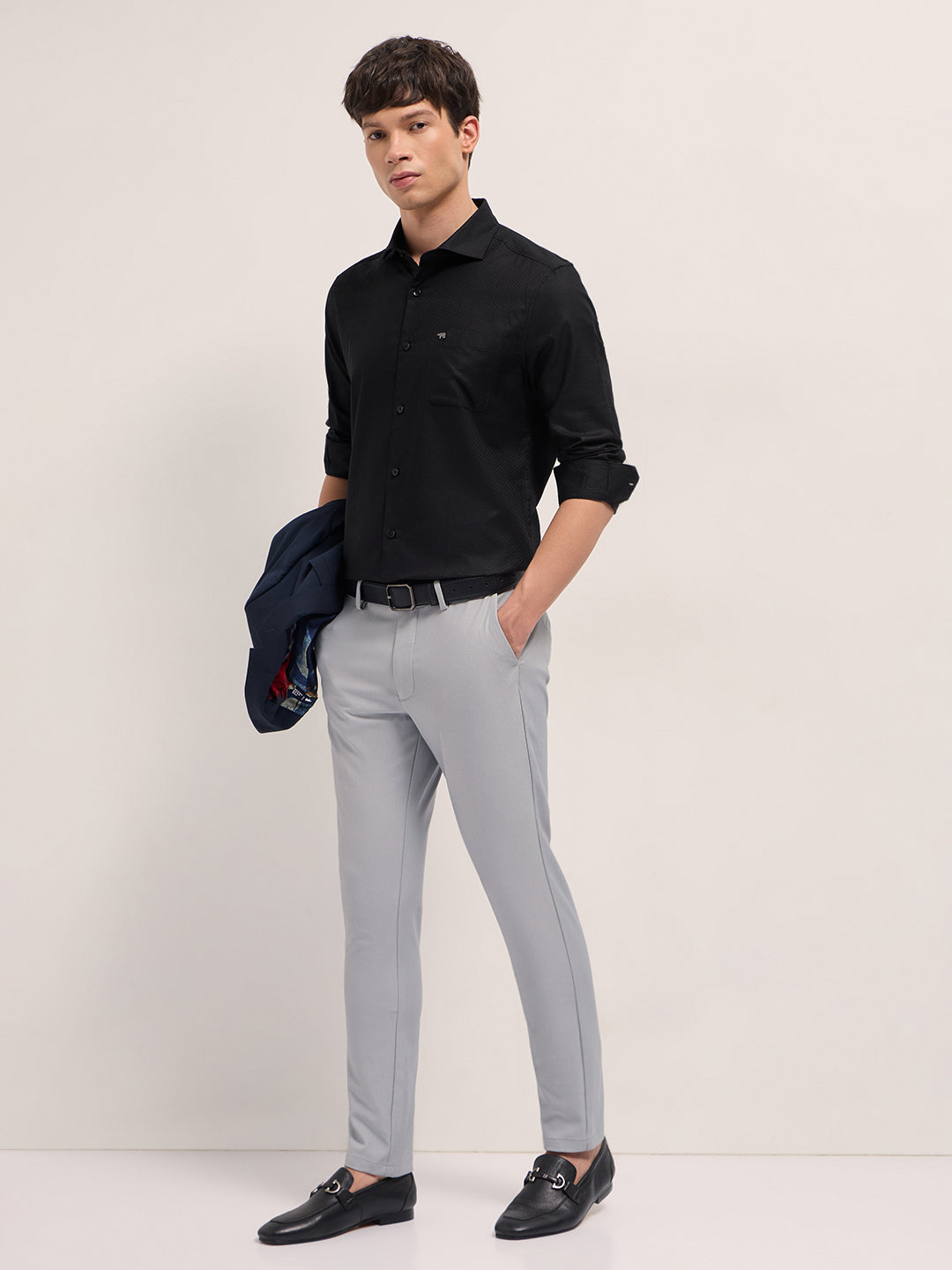 Men Black Woven Pattern Cotton Tailored Fit Formal Shirt
