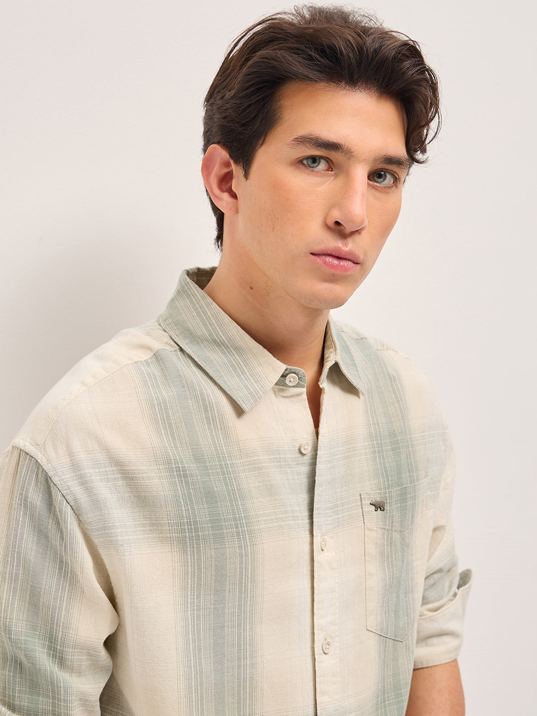 Men Green and Cream Checkered Relaxed Fit Casual Shirt