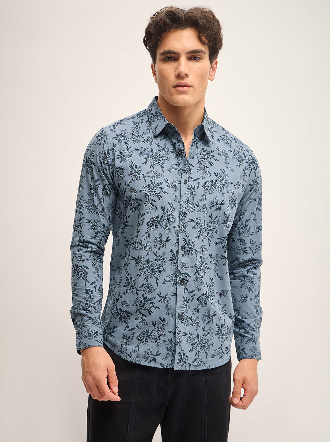 Men Teal Blue Printed Slim Fit Casual Shirt