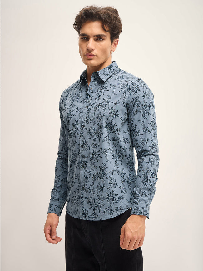 Men Teal Blue Printed Slim Fit Casual Shirt