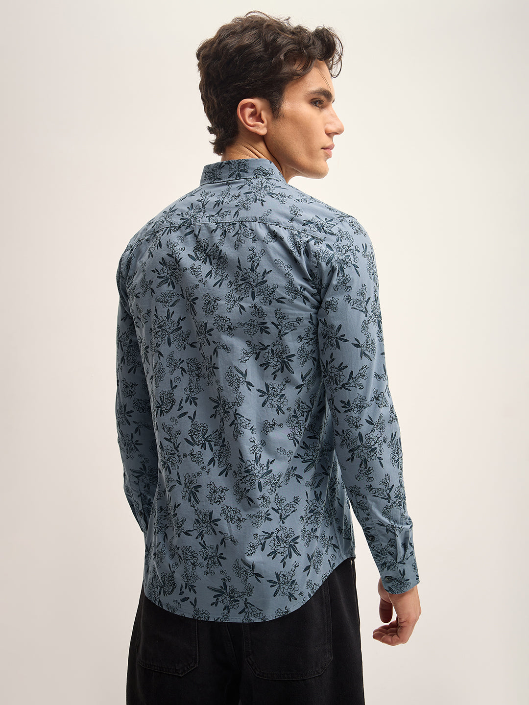 Men Teal Blue Printed Slim Fit Casual Shirt