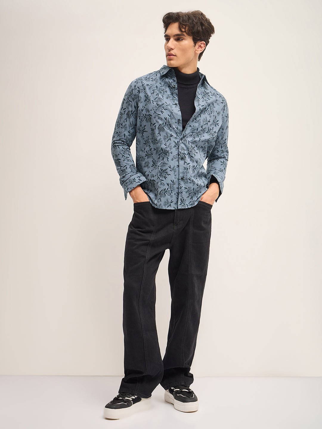 Men Teal Blue Printed Slim Fit Casual Shirt