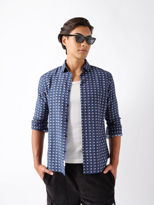 Men Blue Viscose Rayon Printed Shirt