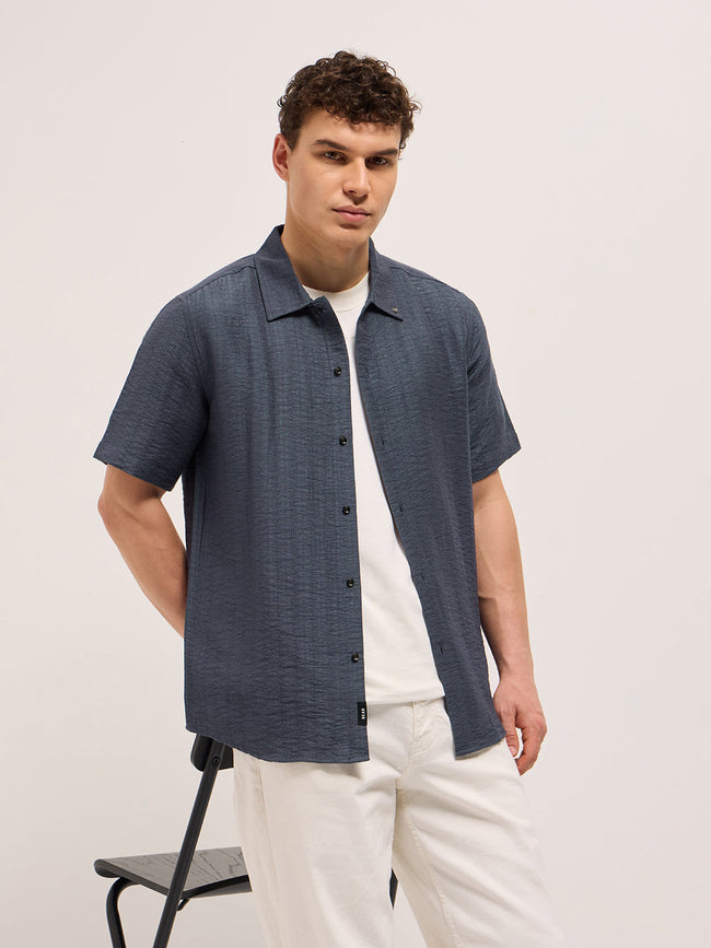 Men Blue Crinkled Textured Regular Fit Half-Sleeve Casual Shirt