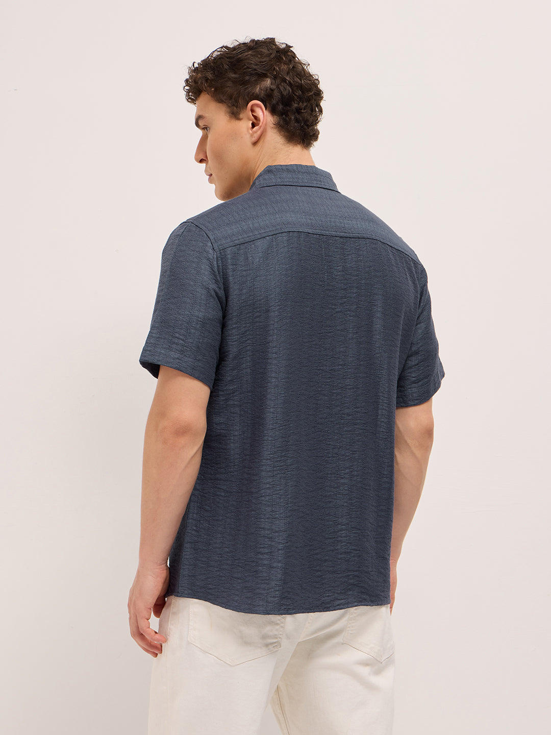 Men Blue Crinkled Textured Regular Fit Half-Sleeve Casual Shirt