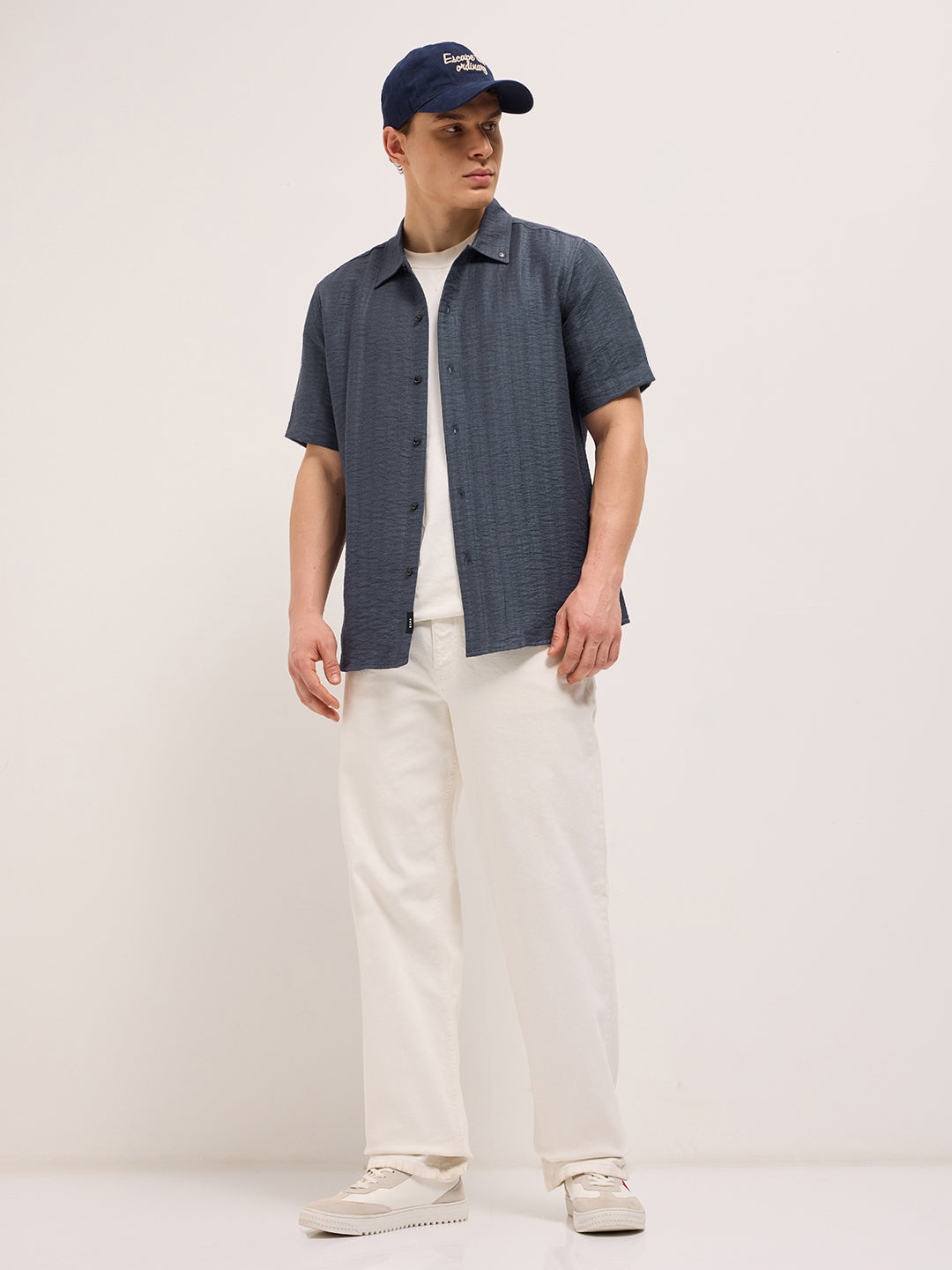 Men Blue Crinkled Textured Regular Fit Half-Sleeve Casual Shirt
