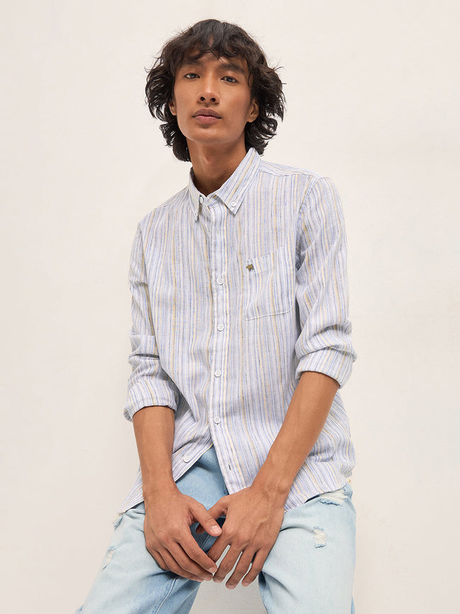 Men Blue Vertical Stripes Slim Fit Casual Shirt