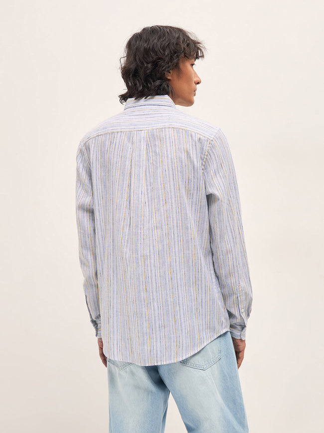 Men Blue Vertical Stripes Slim Fit Casual Shirt