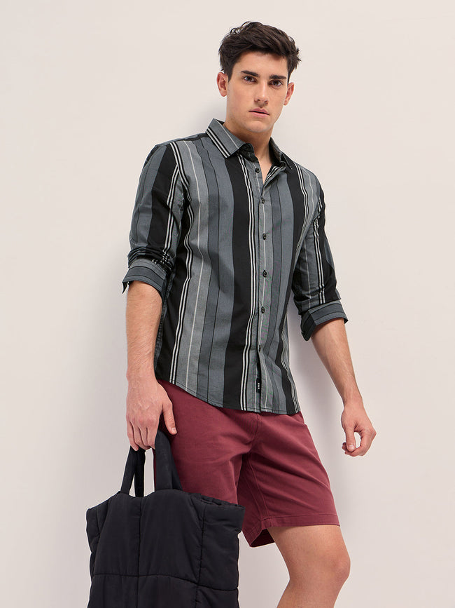 Men Grey Stripes Slim Fit Casual Shirt