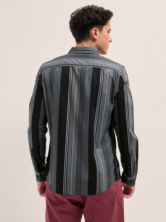 Men Grey Stripes Slim Fit Casual Shirt