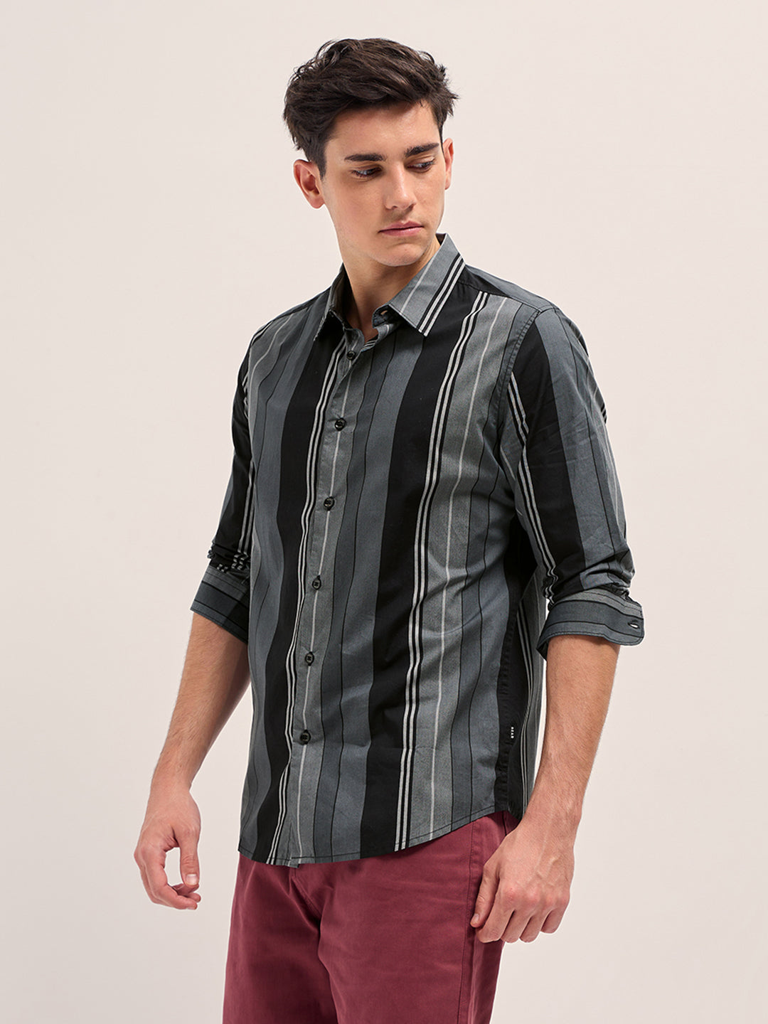 Men Grey Stripes Slim Fit Casual Shirt