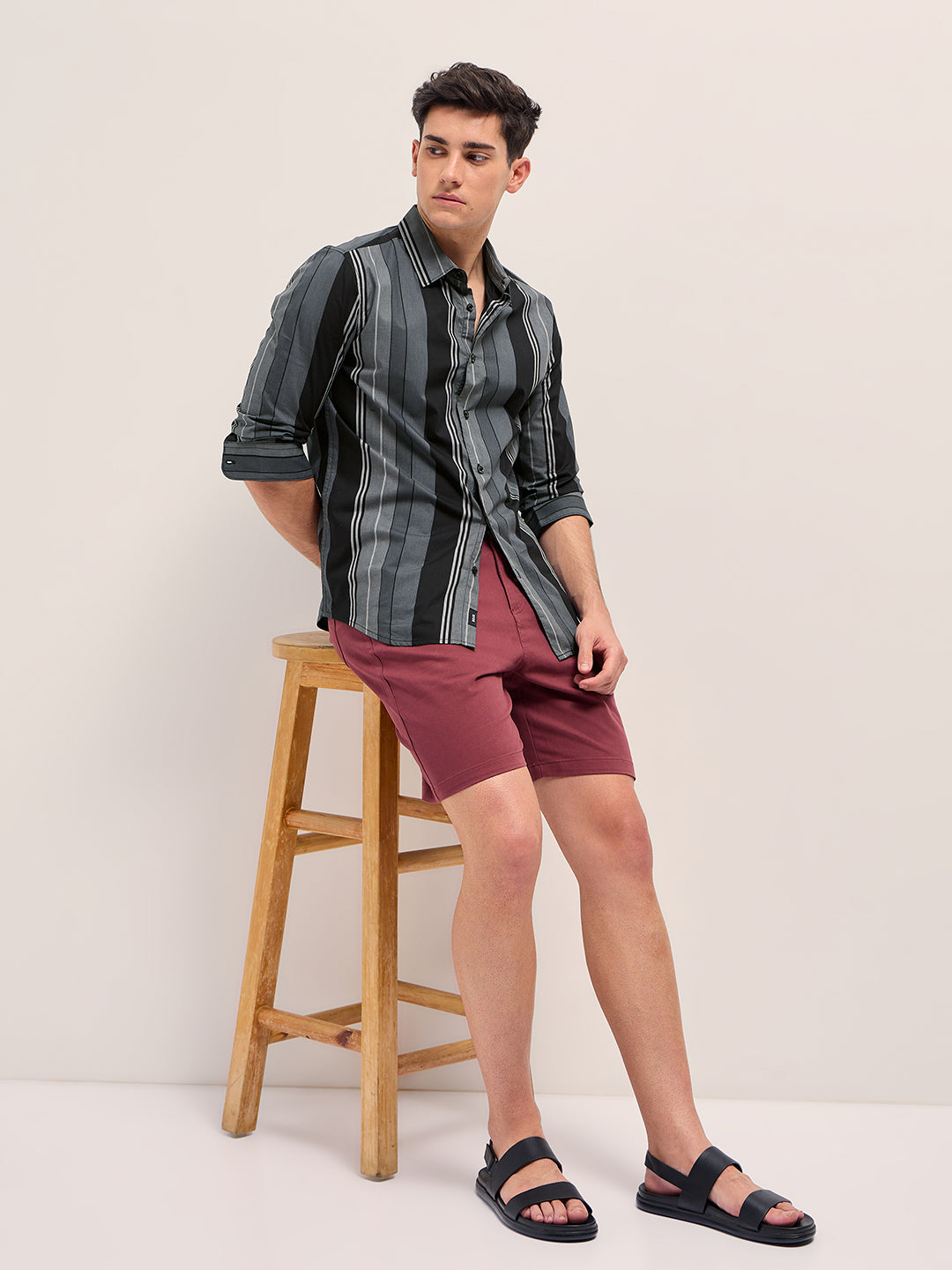 Men Grey Stripes Slim Fit Casual Shirt