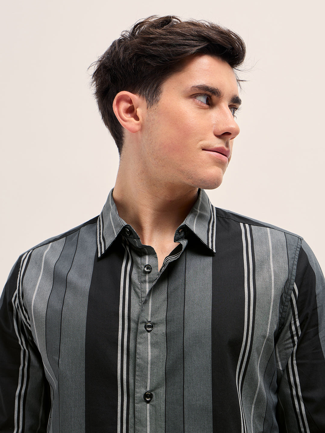 Men Grey Stripes Slim Fit Casual Shirt