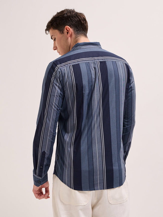 Men Blue Stripes Slim Fit Casual Shirt