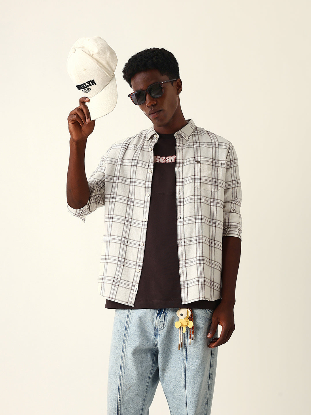 Men Cream Cotton Checked Shirt