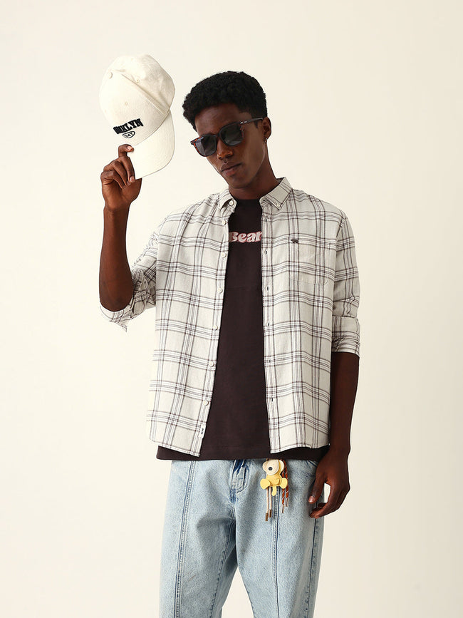 Men Cream Cotton Checked Shirt