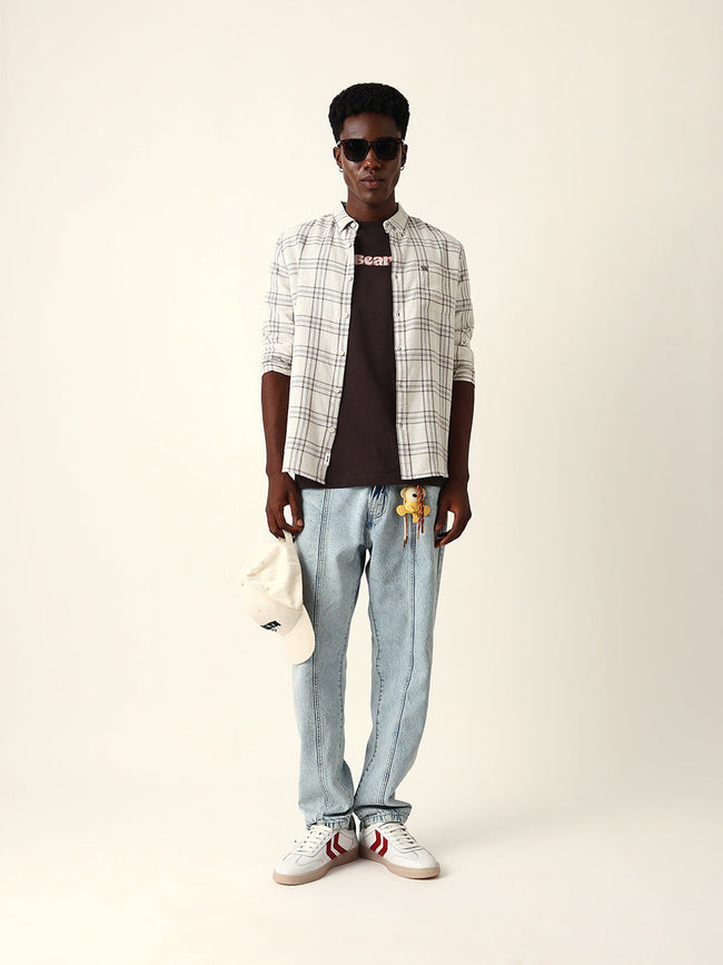 Men Cream Cotton Checked Shirt