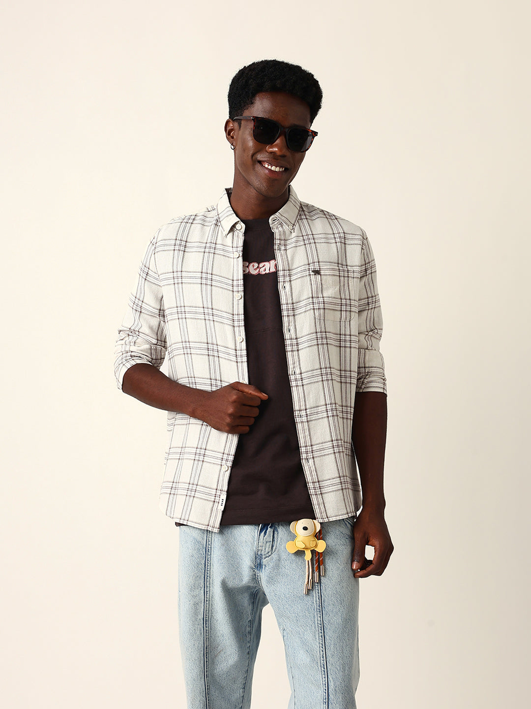 Men Cream Cotton Checked Shirt