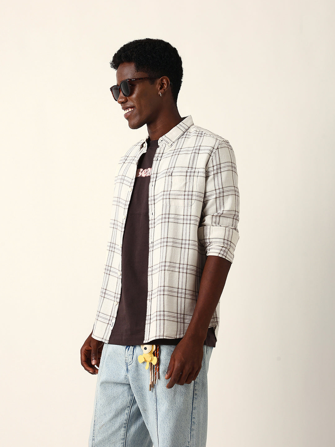 Men Cream Cotton Checked Shirt