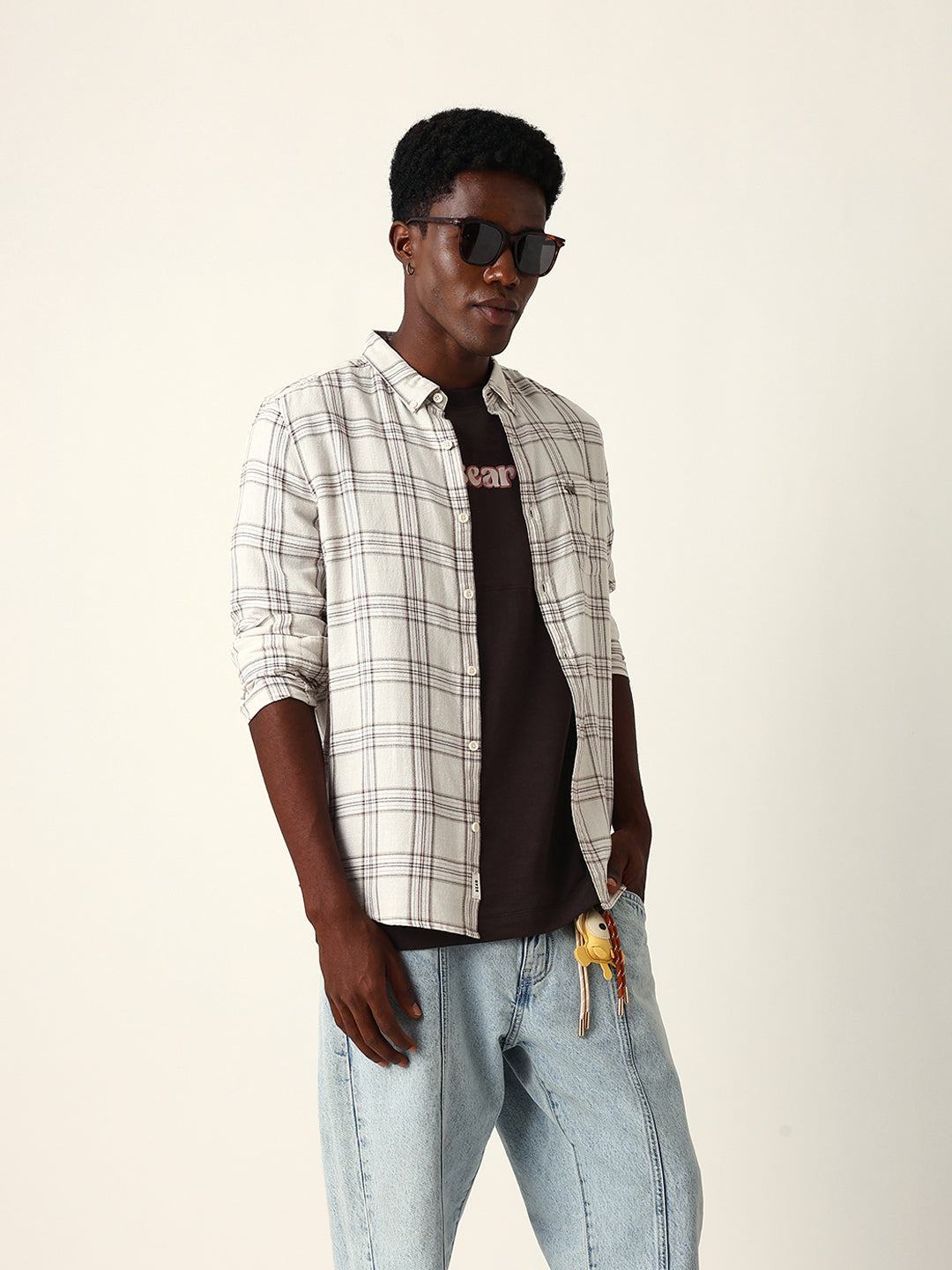 Men Cream Cotton Checked Shirt