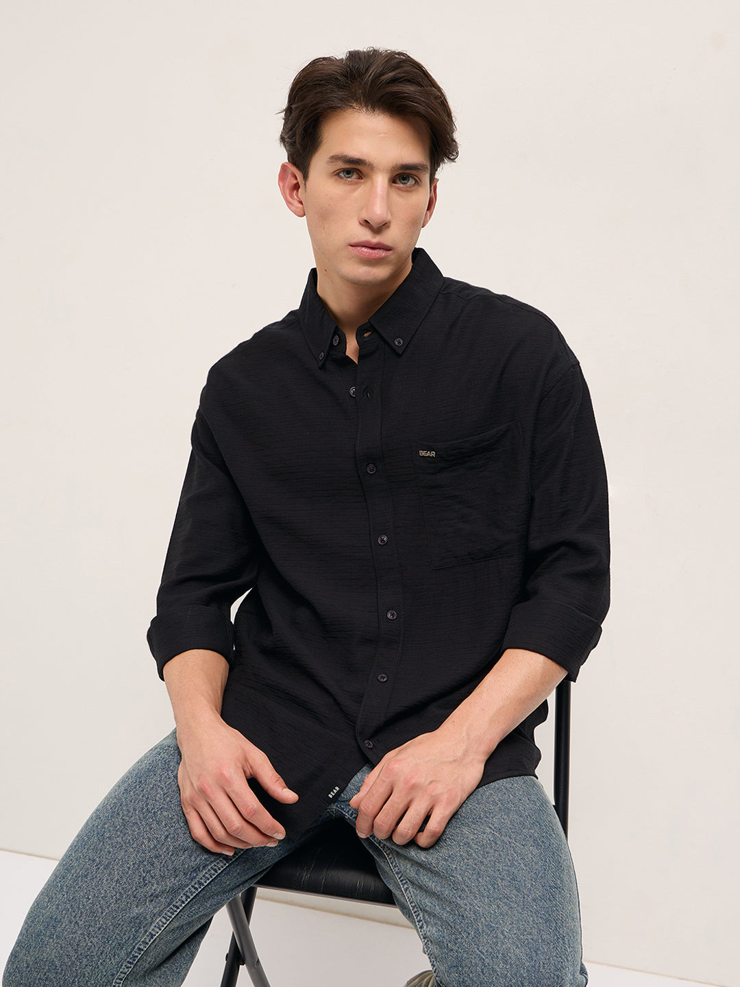 Men Black Viscose Herringbone Design Relax Fit Casual shirt