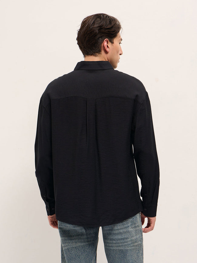 Men Black Viscose Herringbone Design Relax Fit Casual shirt
