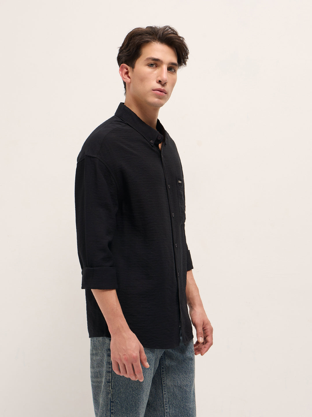 Men Black Viscose Herringbone Design Relax Fit Casual shirt