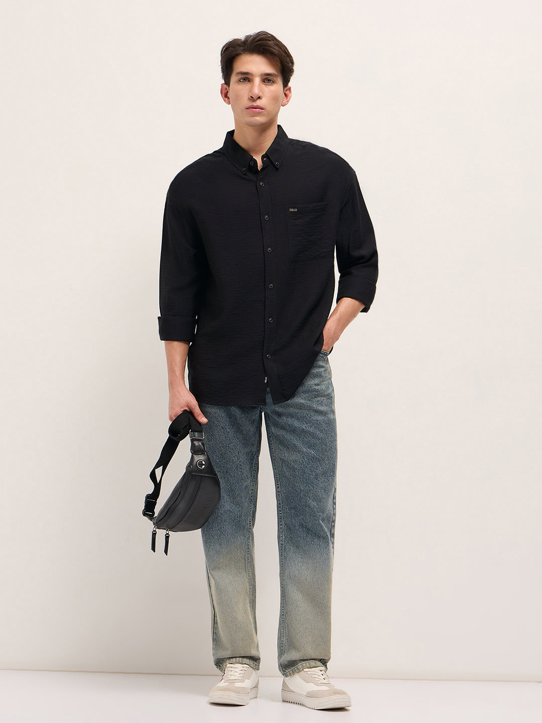 Men Black Viscose Herringbone Design Relax Fit Casual shirt