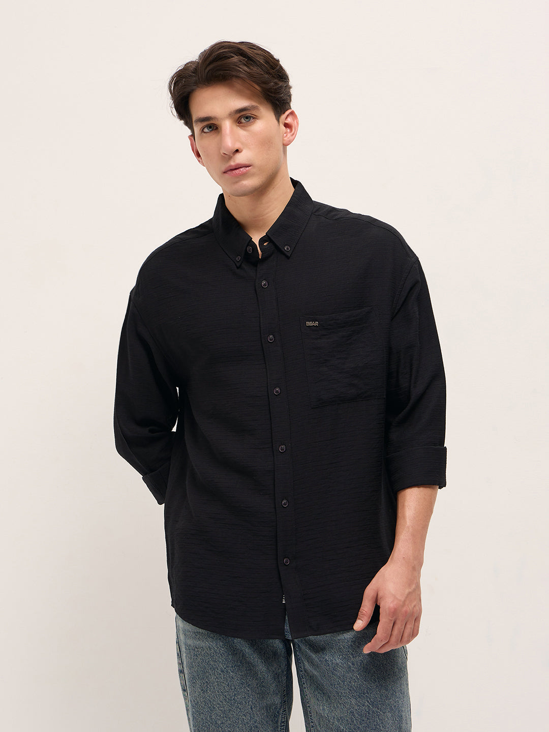 Men Black Viscose Herringbone Design Relax Fit Casual shirt