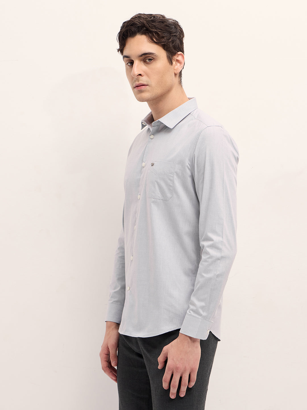 Men Grey Solid Tailored Fit Polyester Blend Formal Shirt