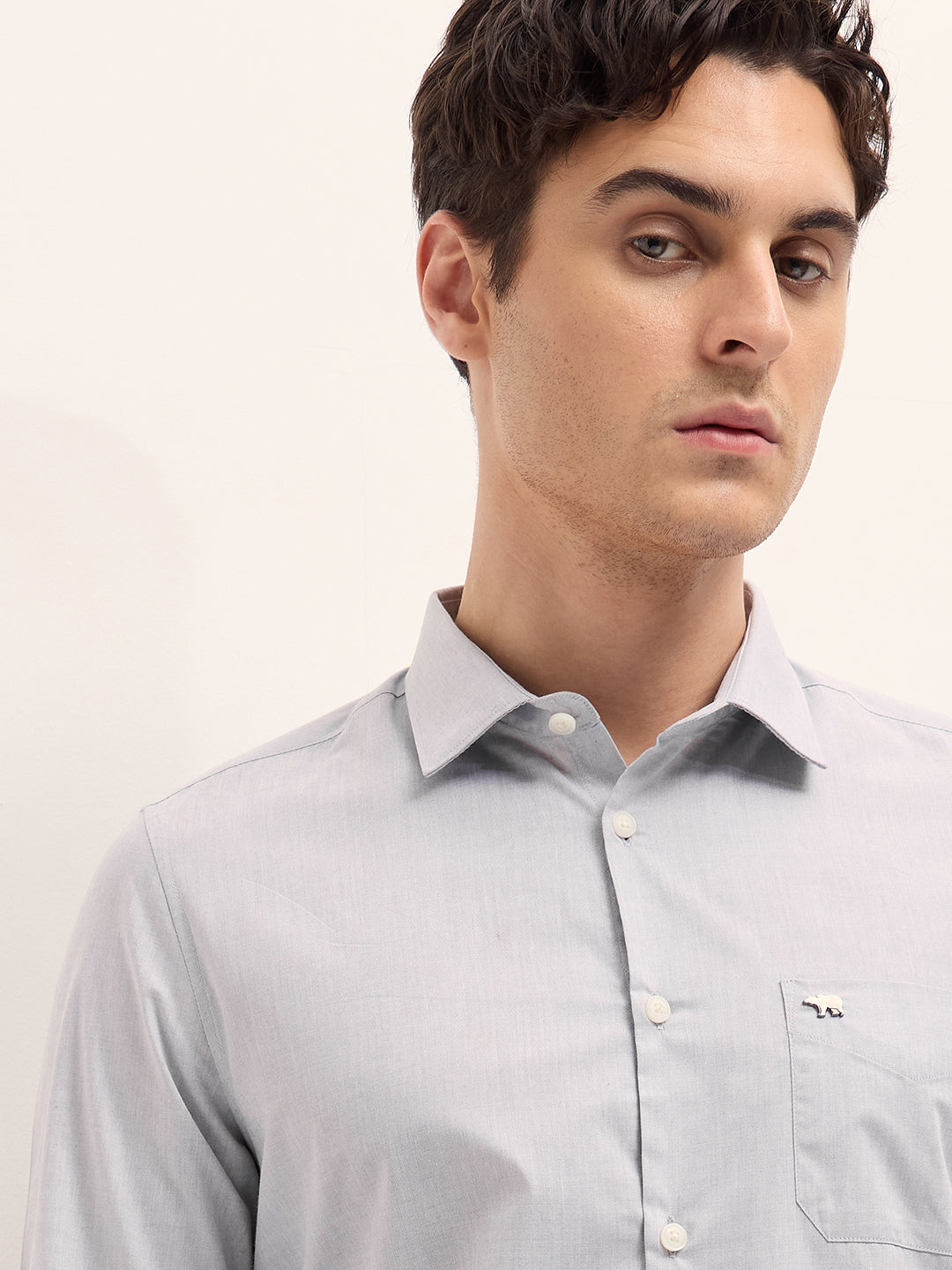 Men Grey Solid Tailored Fit Polyester Blend Formal Shirt