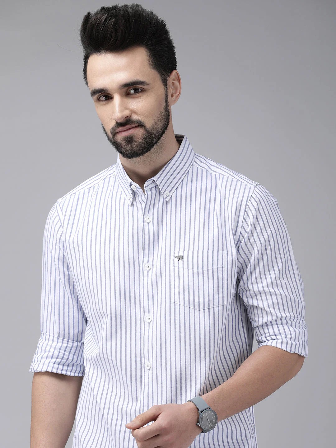 Men White Striped Casual Shirt
