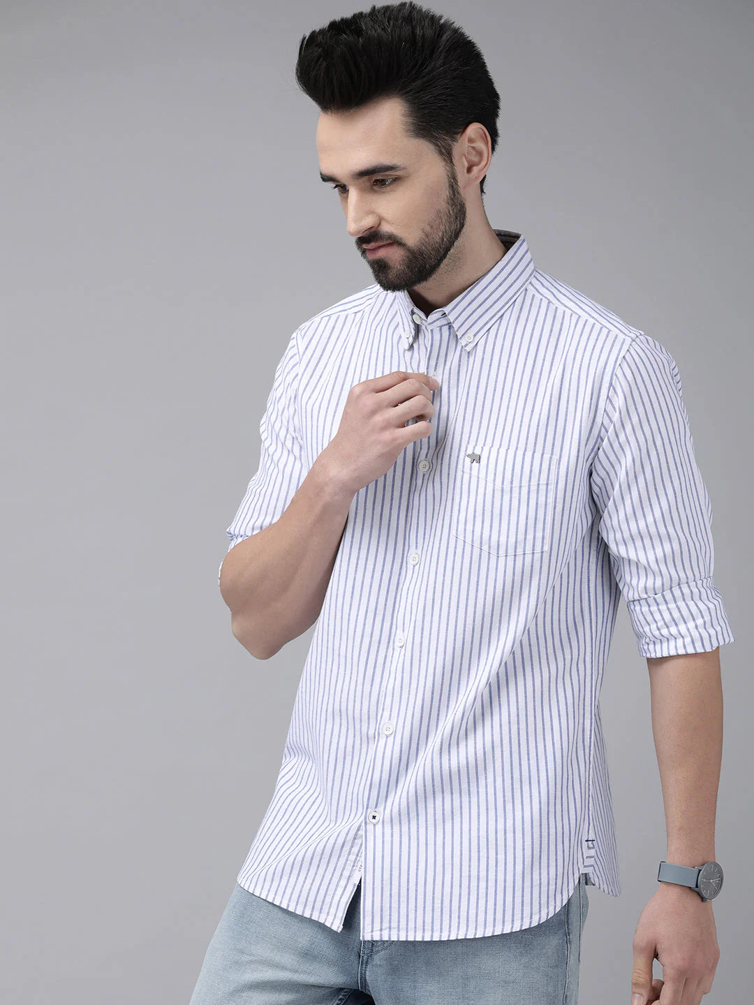 Men White Striped Casual Shirt