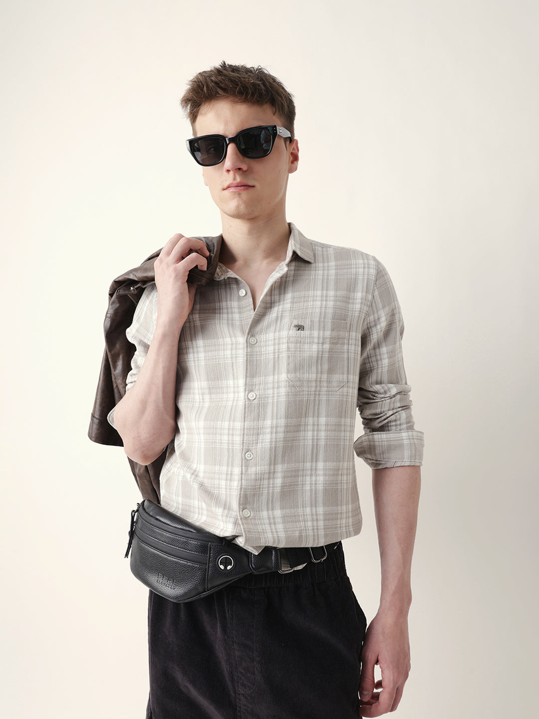 Men Casual Grey Plaid Flannel Shirt
