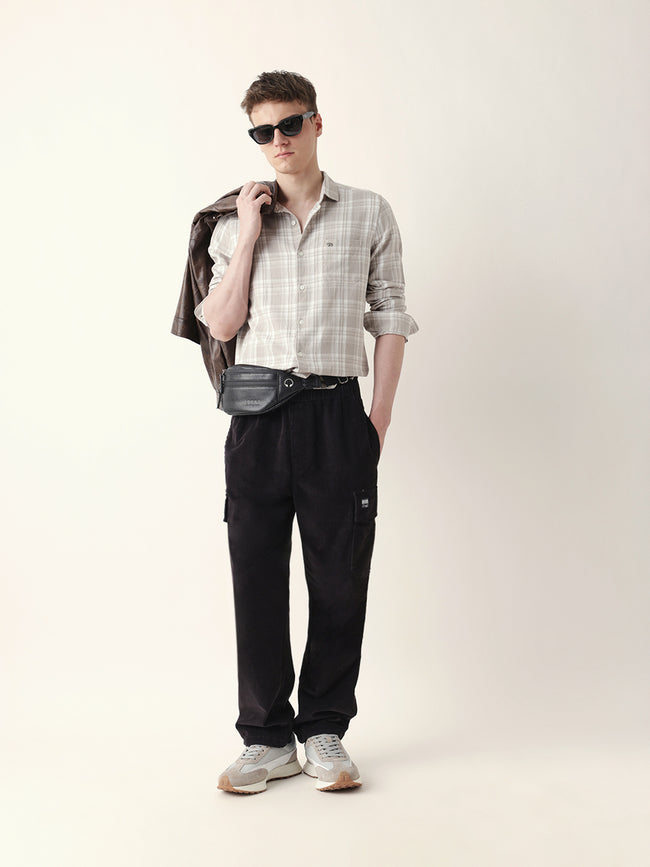 Men Casual Grey Plaid Flannel Shirt