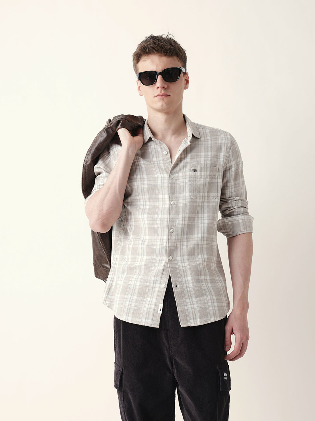 Men Casual Grey Plaid Flannel Shirt