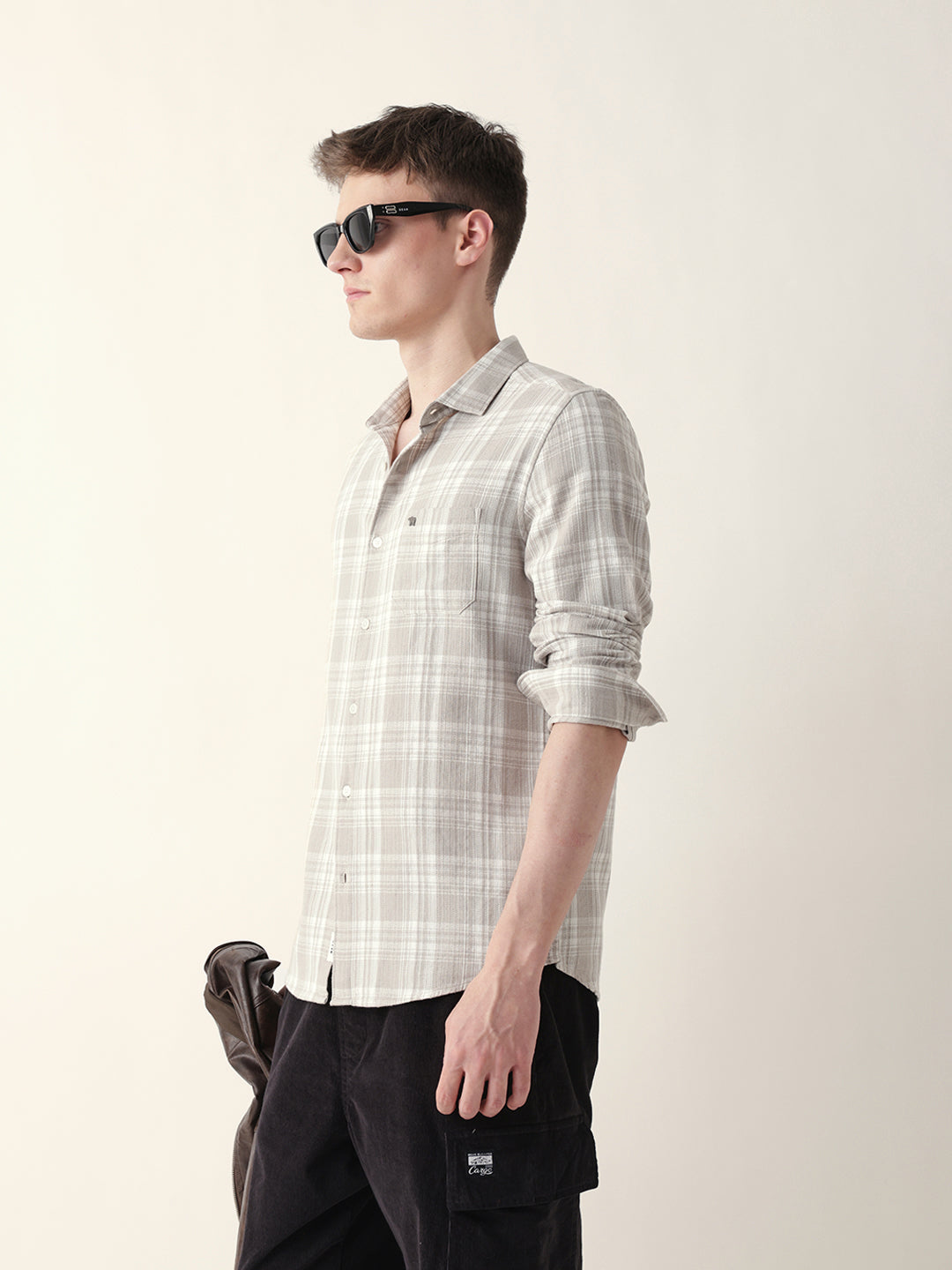 Men Casual Grey Plaid Flannel Shirt