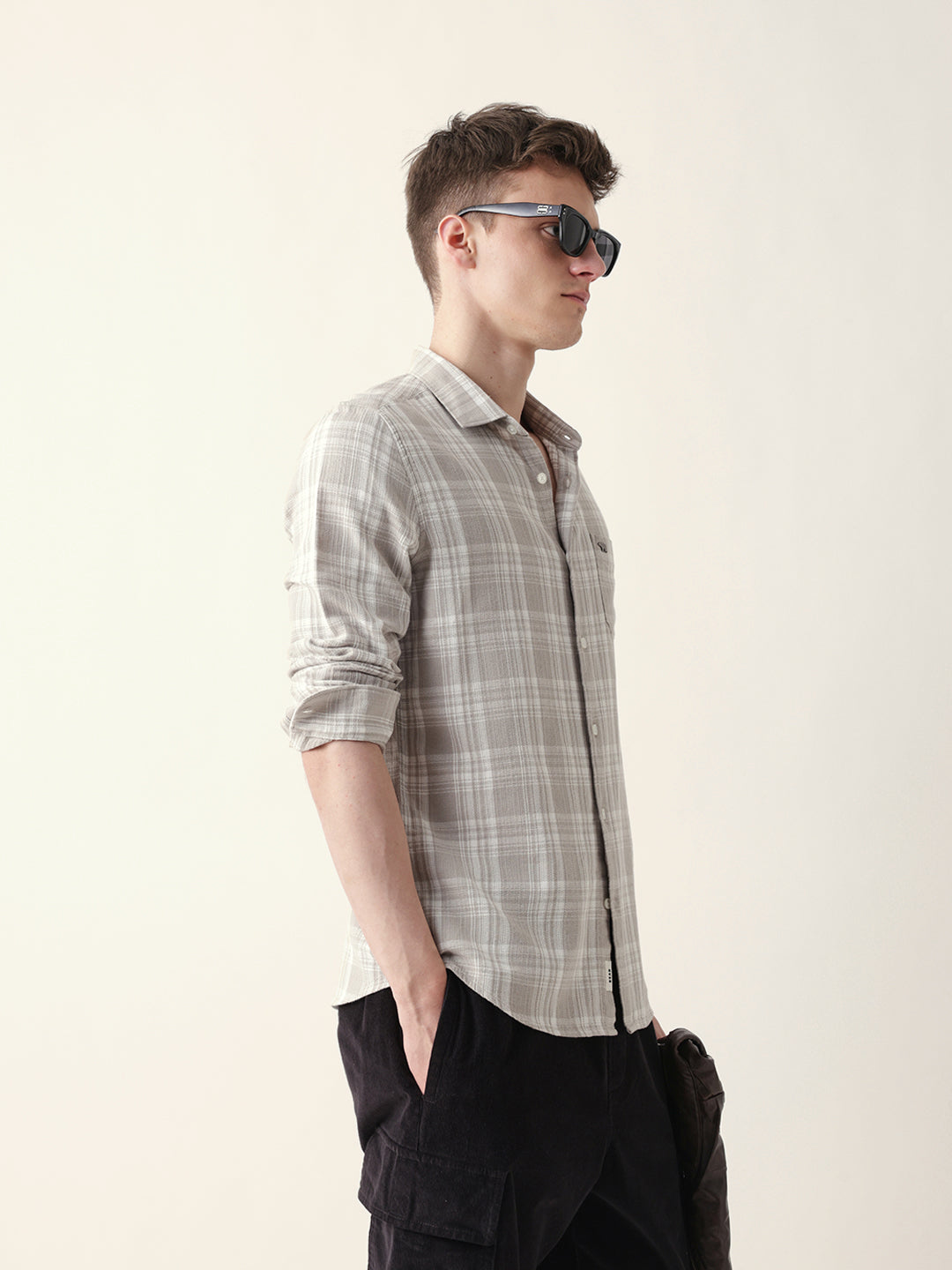 Men Casual Grey Plaid Flannel Shirt