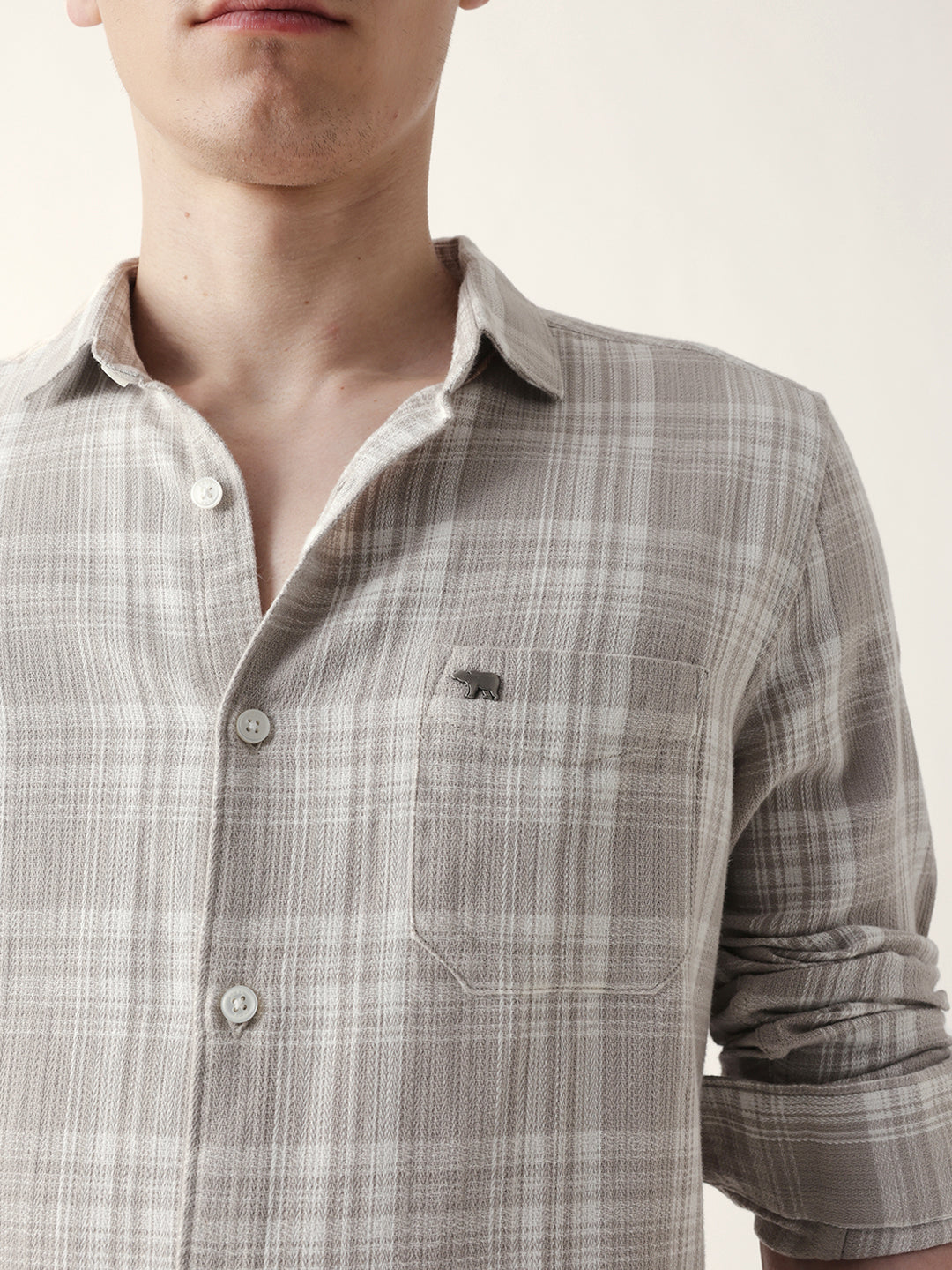 Men Casual Grey Plaid Flannel Shirt